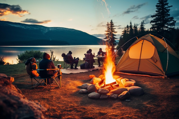 Photo des gens qui campent et grillent des marshmallows sur un feu.