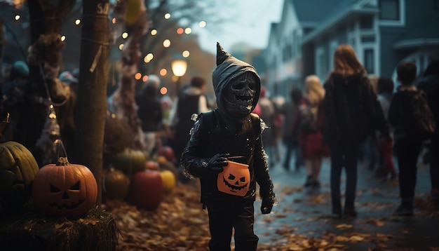 Les gens qui célèbrent l'Halloween dans le quartier