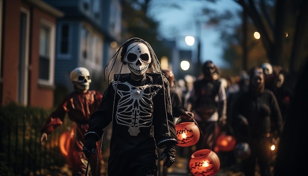 Les gens qui célèbrent l'Halloween dans le quartier