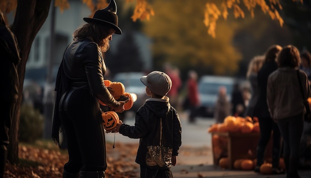 Les gens qui célèbrent l'Halloween dans le quartier