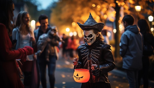 Les gens qui célèbrent l'Halloween dans le quartier