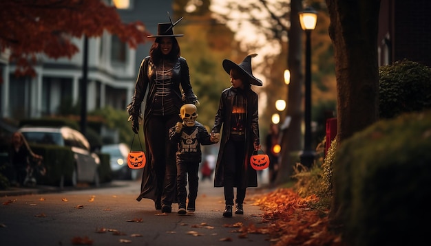 Les gens qui célèbrent l'Halloween dans le quartier