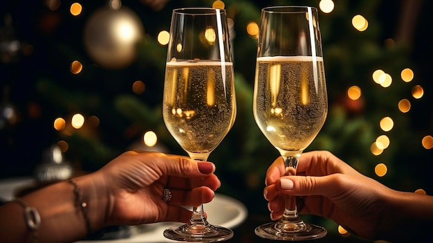 Des gens qui claquent des verres de champagne dans une pièce décorée pour Noël.