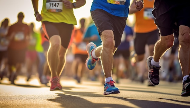 Les gens qui courent un marathon, la foule au marathon, beaucoup de coureurs qui passent le départ ou l'arrivée.