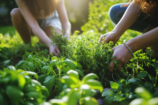 Des gens qui cueillent des herbes ou des légumes dans un jardin IA générative