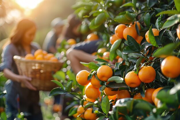 Des gens qui cueillent des oranges de l'arbre.