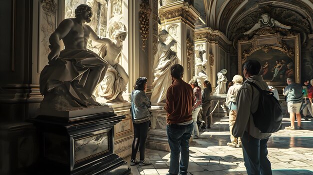 des gens qui entourent et regardent les sculptures sculptées dans une grande boîte en verre dans le musée