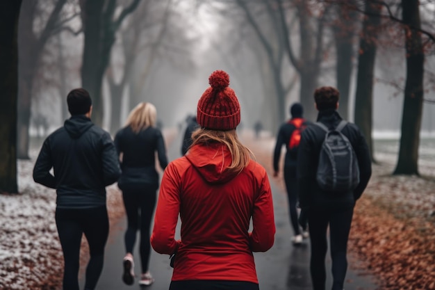 Des gens qui font du jogging dans un parc d'automne