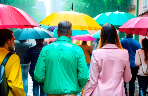 des gens qui marchent dans la pluie avec des parapluies colorés sur une rue de la ville vue arrière