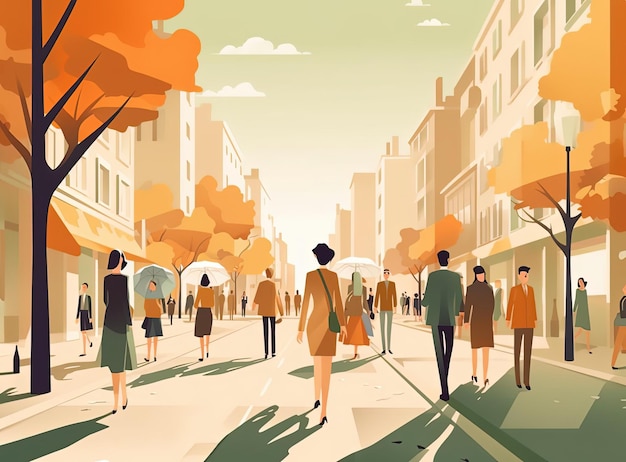 des gens qui marchent dans la rue et au soleil dans le style d'illustrations animées