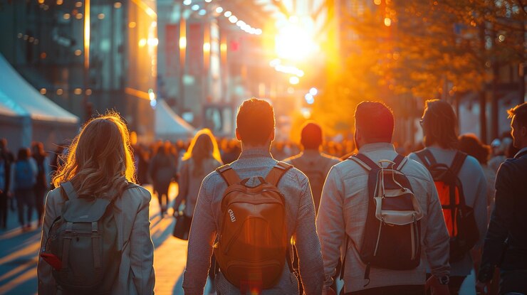 Photo des gens qui marchent dans une ville au coucher du soleil.