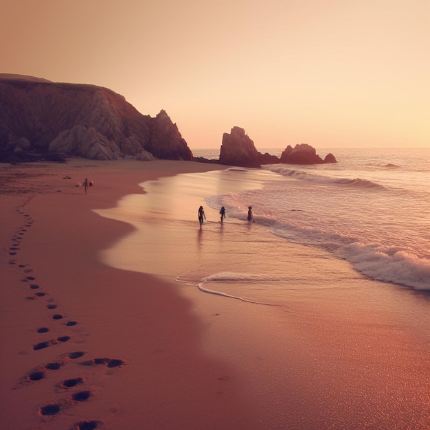 Des gens qui marchent sur la plage au coucher du soleil avec des empreintes dans le sable.