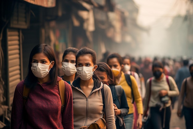 Des gens qui portent des masques parce que l'environnement est détruit par la poussière fine.