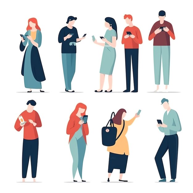 Photo les gens qui utilisent des téléphones portables sont équipés des personnages avec des smartphones dans les mains les hommes les femmes utilisent des téléphones portables surfer sur internet discuter illustrations vectorielles graphiques plates