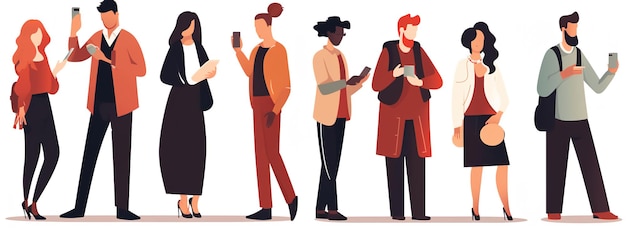 Photo les gens qui utilisent des téléphones portables sont équipés des personnages avec des smartphones dans les mains les hommes les femmes utilisent des téléphones portables surfer sur internet discuter illustrations vectorielles graphiques plates