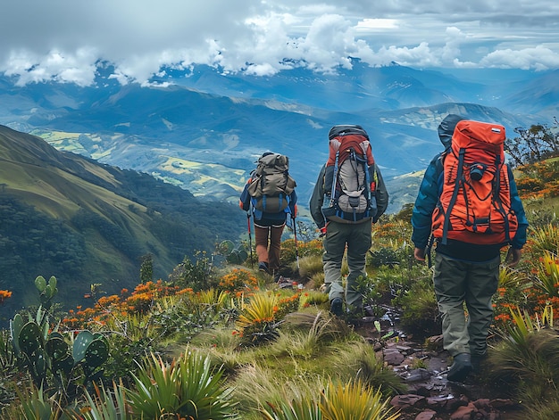 Des gens en randonnée dans les montagnes à couper le souffle de l'Équateur avec des activités de vacances de voisins en arrière-plan