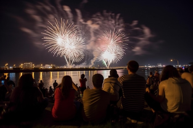 Les gens regardent les feux d'artifice depuis le parc riverain