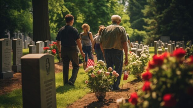 Photo les gens rendent visite et laissent des fleurs sur les tombes des soldats morts.