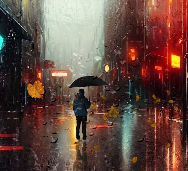 Les gens de la rue pluvieux et enneigés avec parapluie marchent sur les vitrines du soir lumière floue