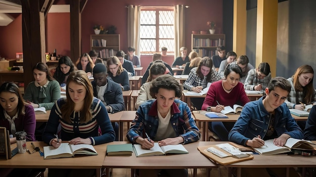 Les gens s'assoient à leur bureau et étudient.