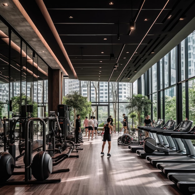 Des gens s'entraînent dans une salle de sport moderne et luxueuse d'un hôtel.