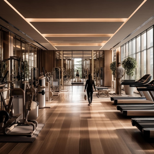 Des gens s'entraînent dans une salle de sport moderne et luxueuse d'un hôtel.