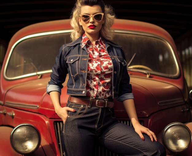 Photo les gens s'habillent à la mode 1950 dans le style de l'imagerie iconique du rock and roll temps de conduite de la musique coiffures à la mode vêtements élégants actes audacieux vestes en cuir et robes colorées