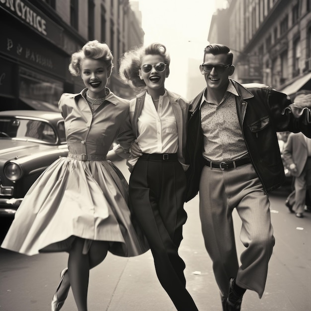 Les gens s'habillent à la mode 1950 dans le style de l'imagerie iconique du rock and roll Temps de conduite de la musique coiffures à la mode vêtements élégants actes audacieux vestes en cuir et robes colorées