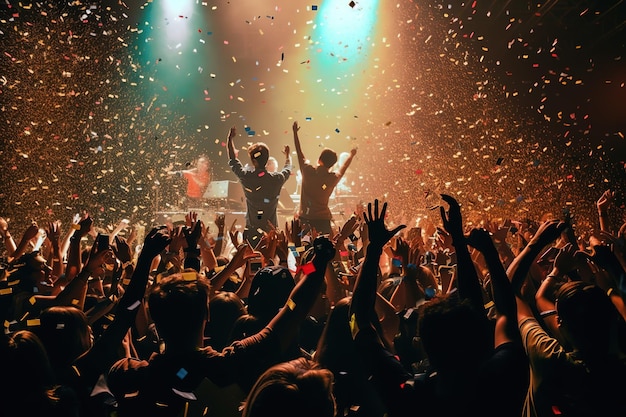 Les gens sur une scène avec des confettis dans l'air