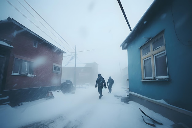 Les gens se déplacent le long de la rue enneigée de la ville en hiver dans une forte tempête de neige