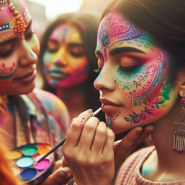 Les gens se peignent le visage le jour de Holi les gens célèbrent le festival de Holi se peintent le visage