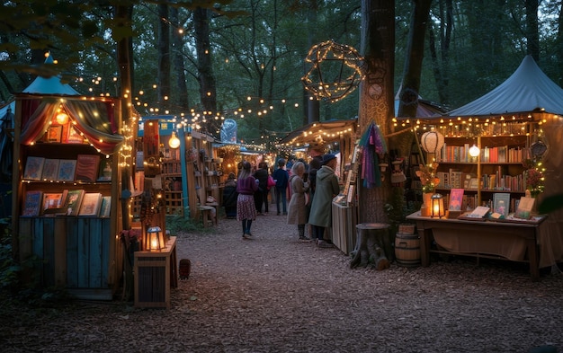 Des gens se promènent dans un marché de Noël au crépuscule orné de lumières et de décorations festives