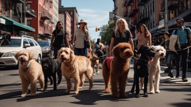 Les gens se promènent avec leurs chiens dans les rues de la ville