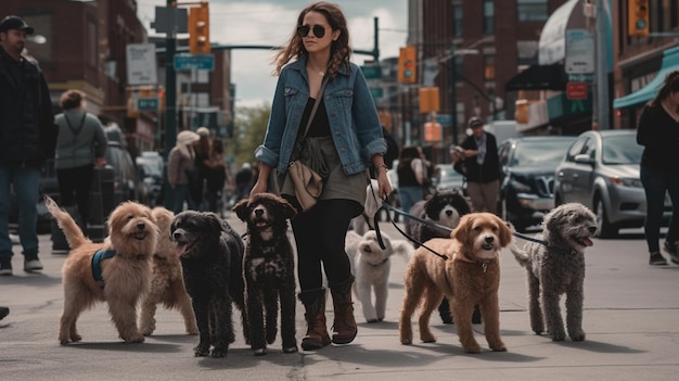 Les gens se promènent avec leurs chiens dans les rues de la ville