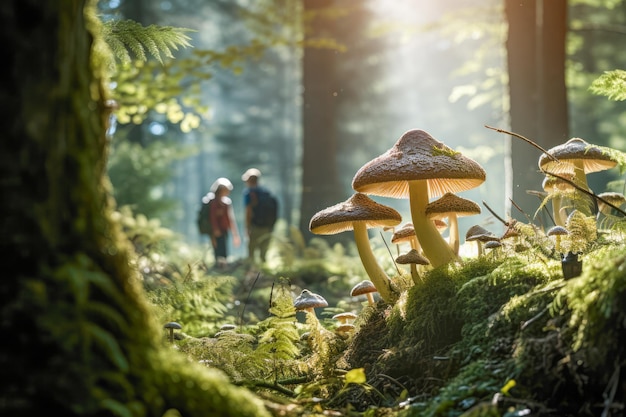 Les gens se rassemblent au milieu de la verdure luxuriante de la forêt et du sol couvert de mousse pour recueillir soigneusement des champignons sauvages pendant la saison d'automne vibrante.