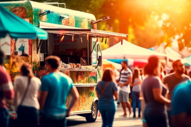 les gens se rassemblent autour de food trucks lors d'un festival de street food animé