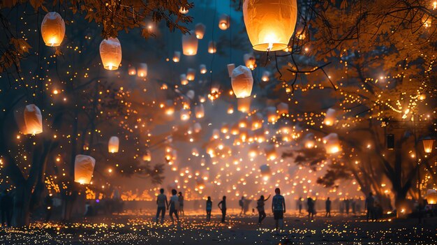 Des gens se rassemblent dans une forêt la nuit en tenant et en libérant des lanternes en papier en l'air.