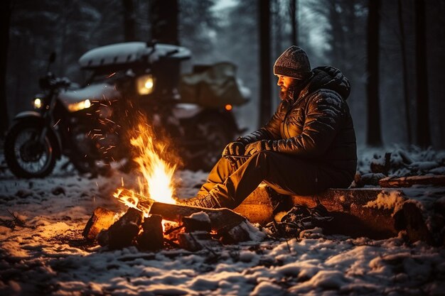 Des gens se réchauffent autour d'un feu de camp dans la neige.