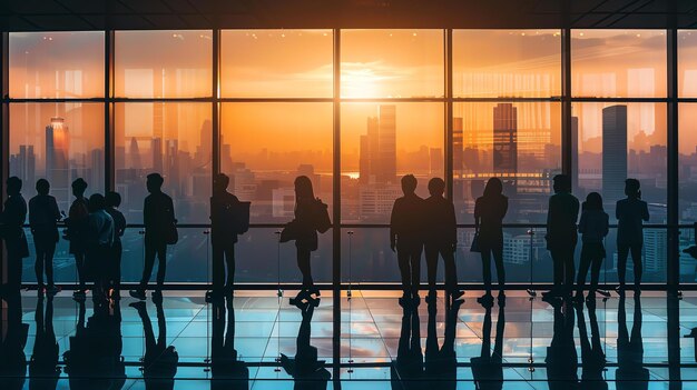 Les gens se tiennent dans un bâtiment moderne regardant la ville le soleil se couche et le ciel est orange vif