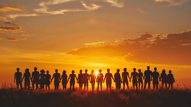 Photo les gens se tiennent la main dans un champ d'herbe haute au coucher du soleil le ciel est orange vif et le soleil se couche derrière eux