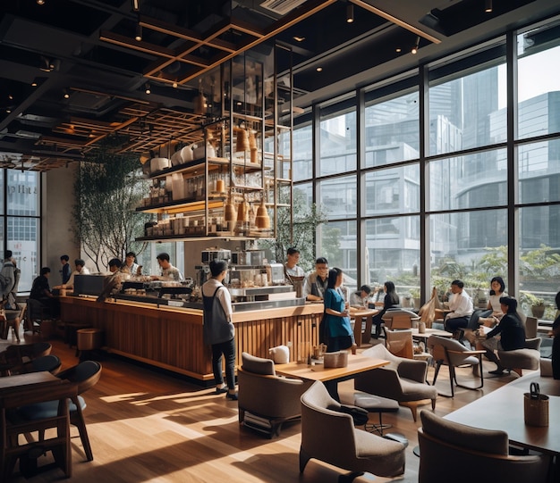 Des gens sont assis à des tables dans un restaurant avec une vue sur la ville.