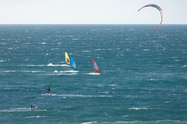 Les gens sont engagés dans différents types de surf dans l'océan bleu