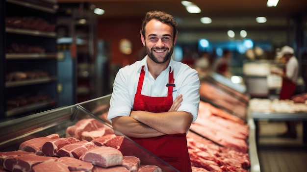 Photo des gens souriants boucher debout au comptoir de la viande