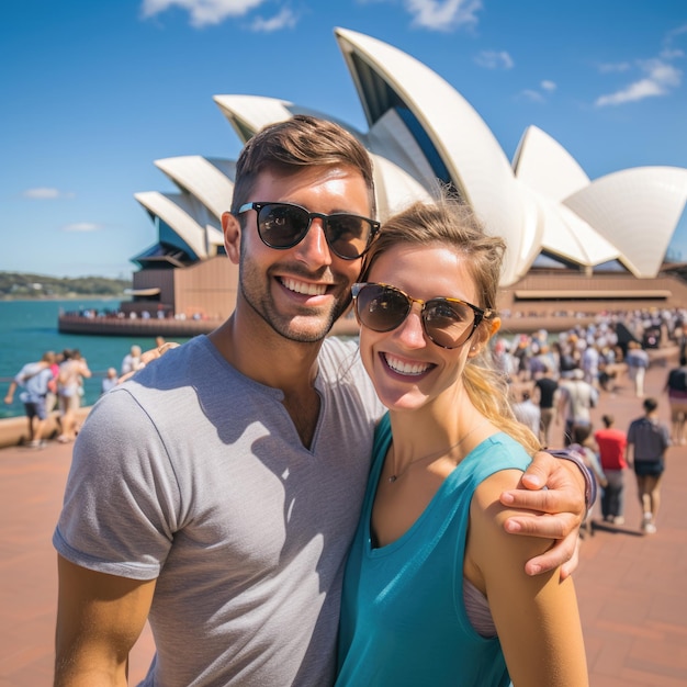 des gens souriants devant l'Opéra de Sydney en Australie