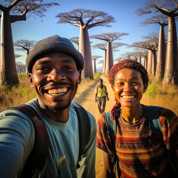Photo des gens souriants devant la ruelle des baobabs à madagascar