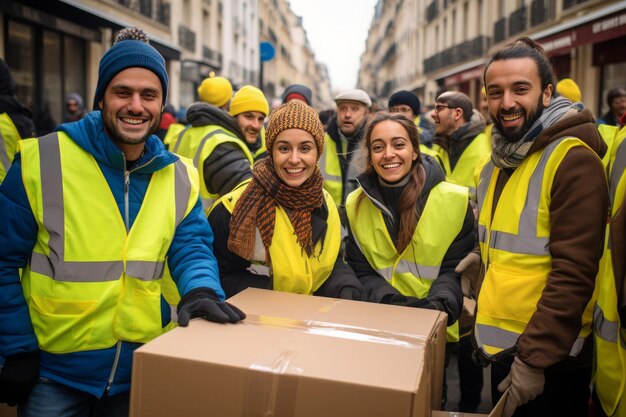 Des gens souriants en gilets jaunes autour d'une boîte en carton sur une table avec des objets donnés aux bénévoles.