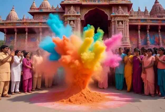 Des gens en tenue colorée se tiennent autour d'une poudre colorée pour célébrer le festival du Holi.