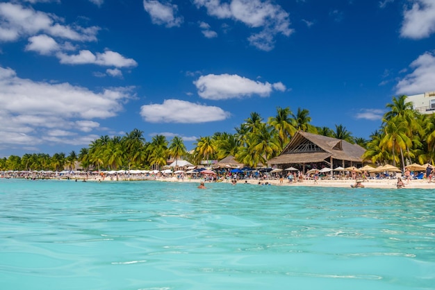 Photo les gens en train de bronzer sur la plage de sable blanc avec parasols bungalow bar et palmiers cocos turquoise mer des caraïbes isla mujeres island mer des caraïbes cancun yucatan mexique