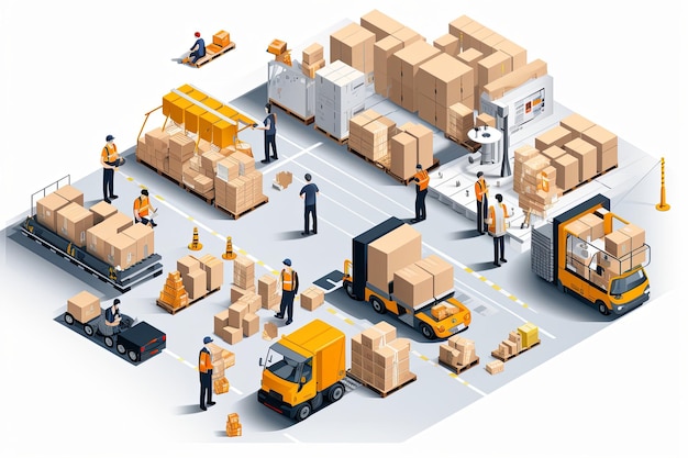 Les gens travaillent dans le service de livraison logistique mondiale avec des camions de fret et un concept d'équipement d'entrepôt industriel illustration isométrique 3D