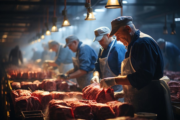 Des gens travaillent dans une usine de découpe de viande.